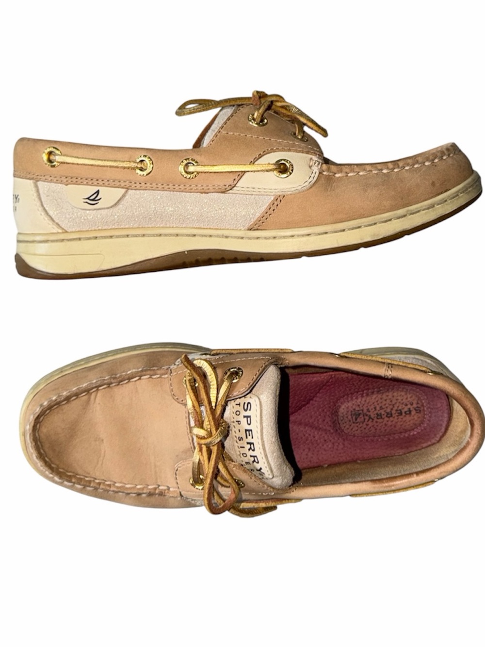 Sperry Metallic Top Sider Koifish Tan Leather Boat Shoes gold laces material 6.5